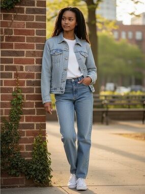 Levi's Light Blue Denim Jacket with Brown Patch Size Medium